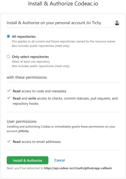 GitHub App permission selection